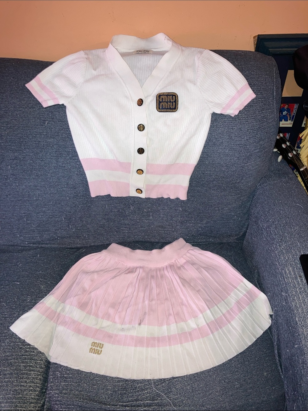 Miu Miu White & Pink Short Sleeve Knit Cardigan and Pleated Skirt Set